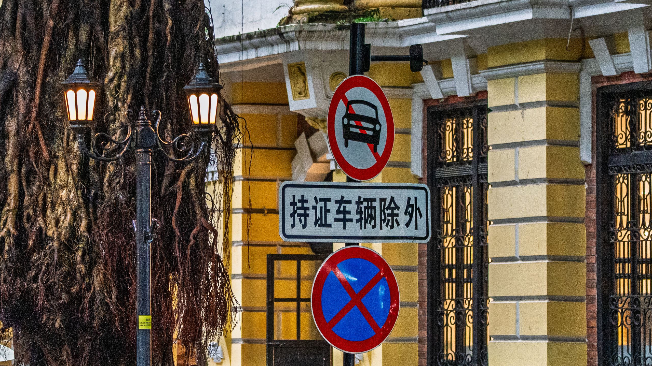 Chinesische Verkehrsschilder neben leuchtenden Straßenlaternen, hängenden Baumwurzeln und einem gelben Gebäude
