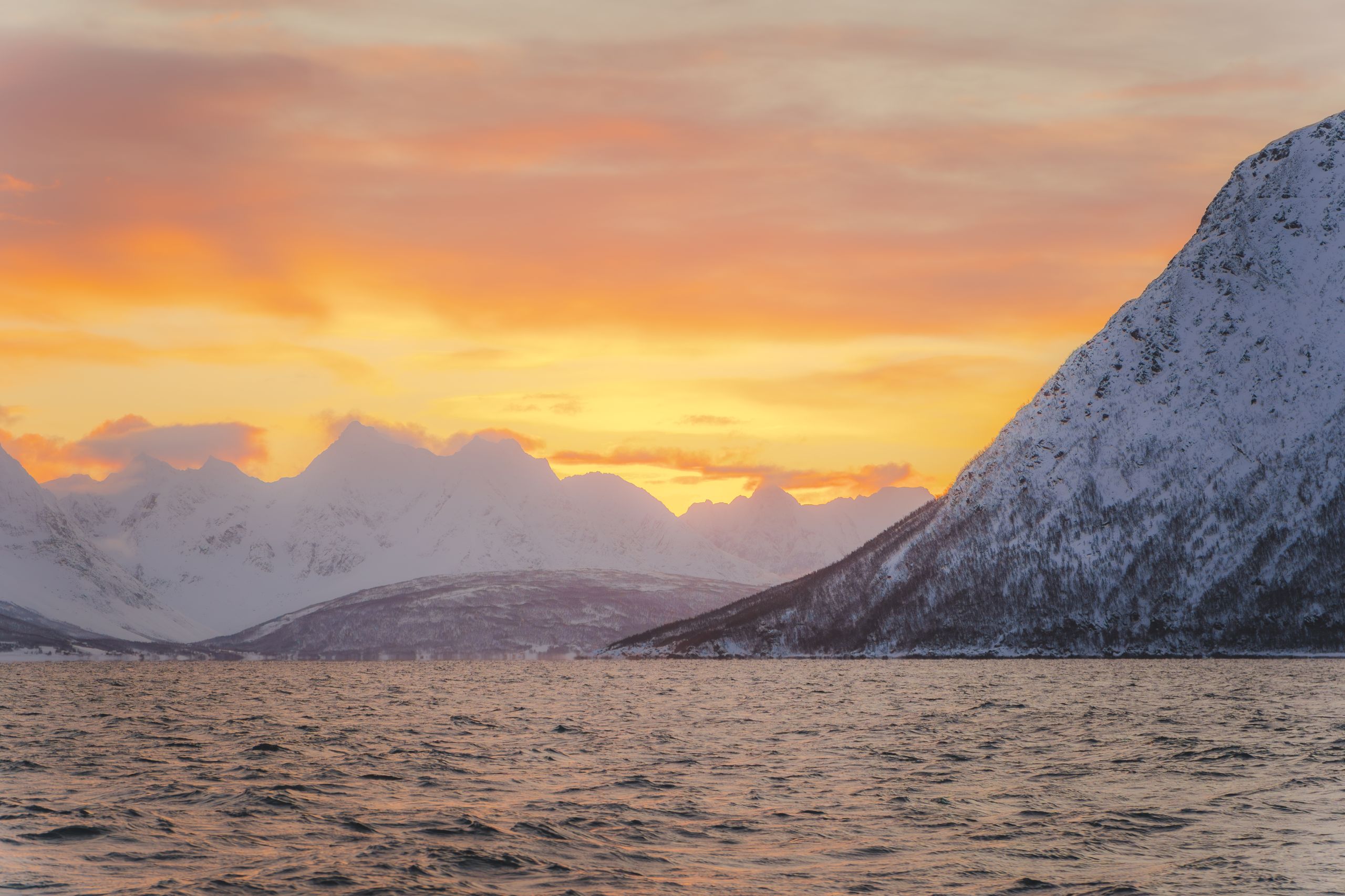 Sonnenuntergang über Fjordwasser und verschneiten Gipfeln