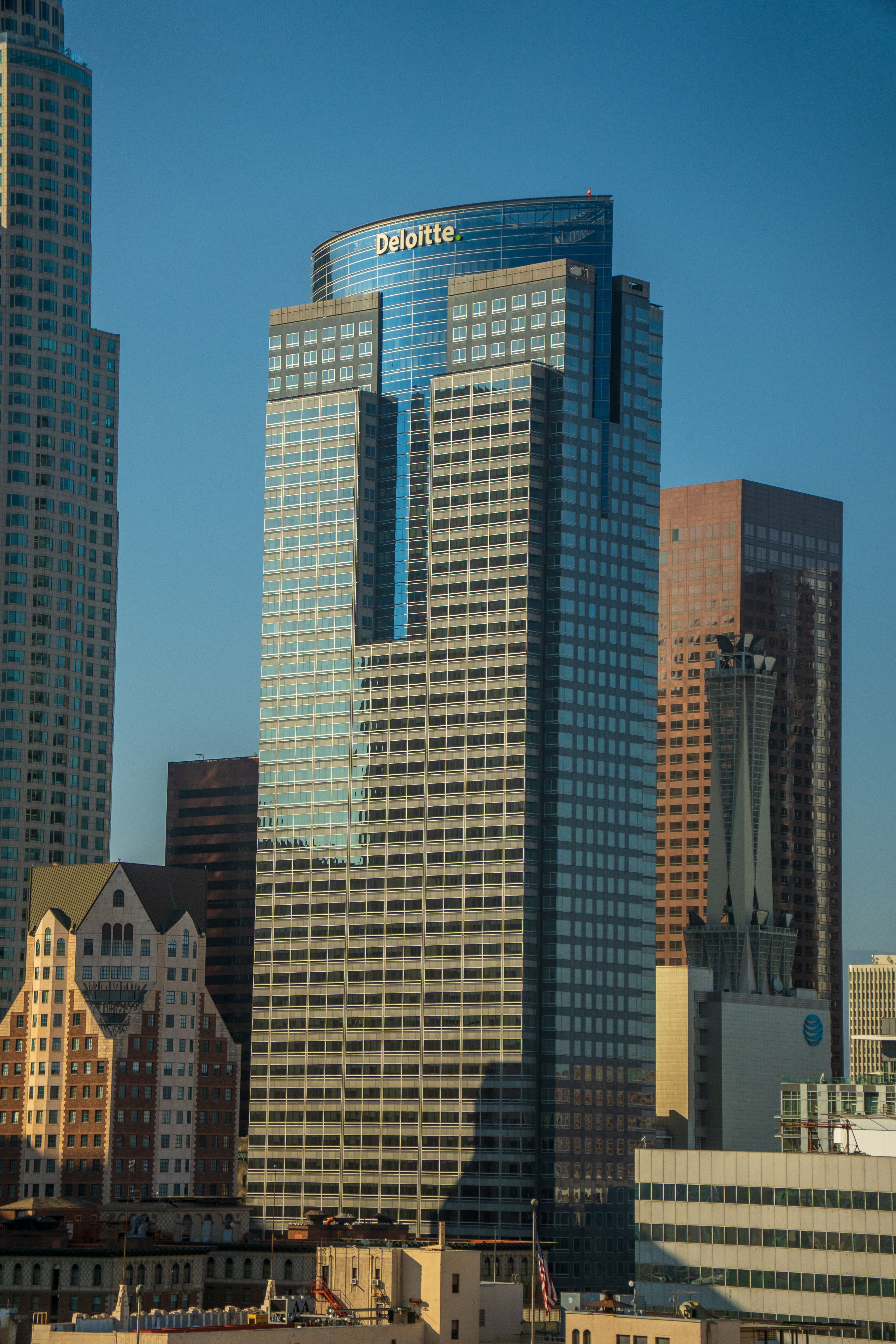 Glass skyscrapers of downtown Los Angeles reflecting the sunset